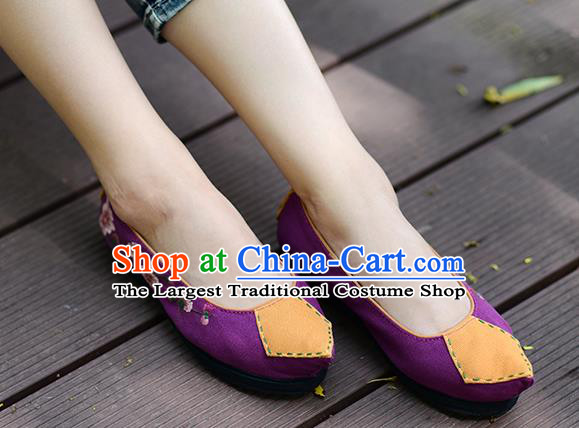 China Folk Dance Shoes National Woman Canvas Shoes Traditional Embroidered Peach Blossom Shoes Handmade Purple Cloth Shoes