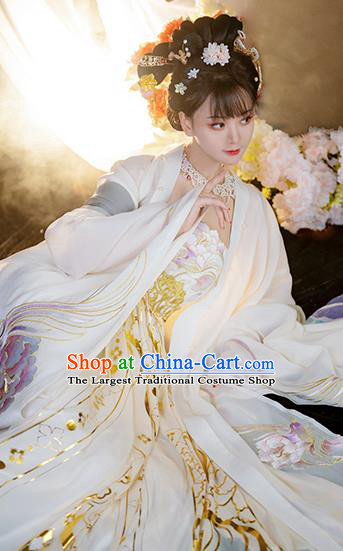 China Tang Dynasty Noble Beauty Historical Clothing Ancient Royal Princess White Dress Traditional Hanfu Garments Complete Set