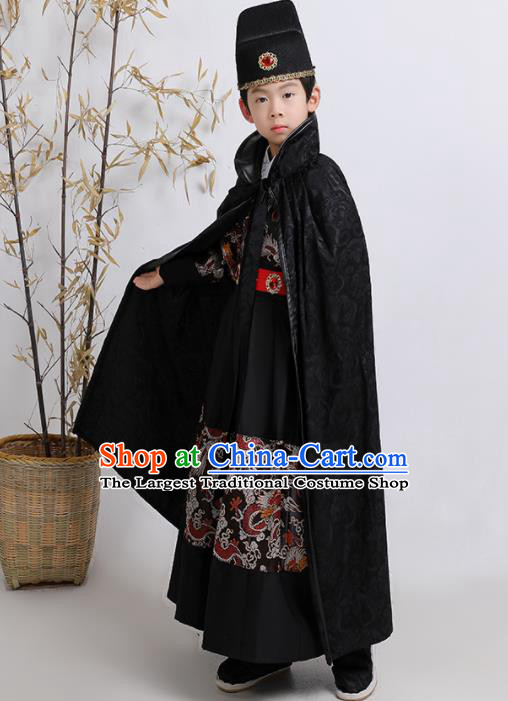 China Ming Dynasty Boys Clothing Ancient Children Swordsman Garment Costume Traditional Imperial Guards Black Feiyu Robe