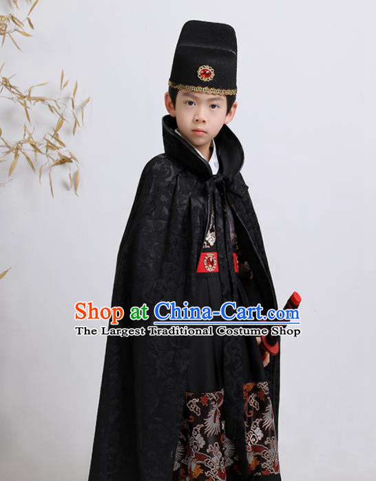 China Ming Dynasty Boys Clothing Ancient Children Swordsman Garment Costume Traditional Imperial Guards Black Feiyu Robe