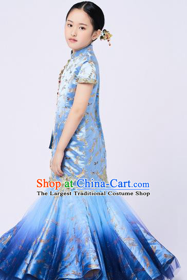 High Quality Girl Catwalks Fashion Children Blue Fishtail Dress Piano Performance Clothing Stage Show Full Dress