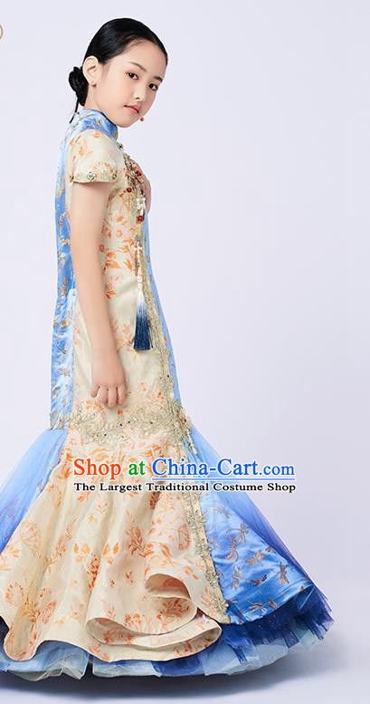 High Quality Girl Catwalks Fashion Children Blue Fishtail Dress Piano Performance Clothing Stage Show Full Dress