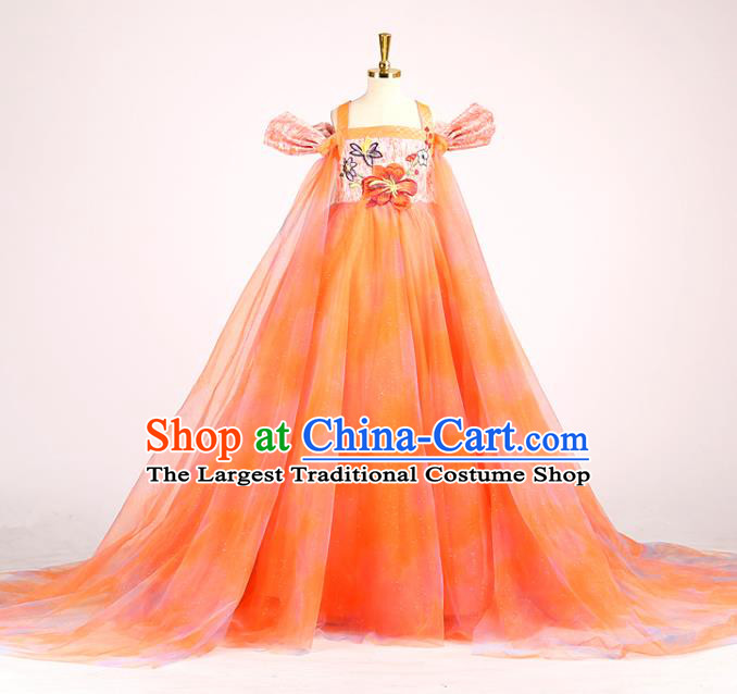 High Children Performance Orange Veil Trailing Dress Baby Chorus Garment Costume Stage Show Full Dress Girl Catwalks Clothing