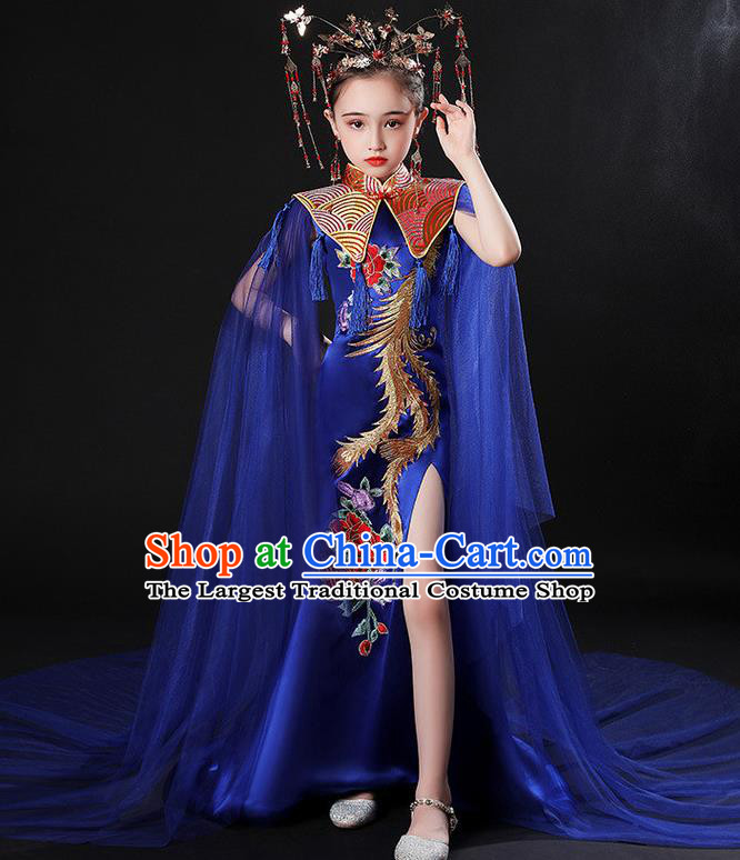China Stage Performance Clothing Children Classical Embroidered Phoenix Royalblue Uniforms Compere Garment Costume Girl Catwalks Formal Dress