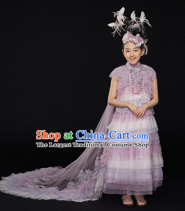 Custom Catwalks Princess Full Dress Children Birthday Garment Compere Fashion Clothing Girl Stage Show Lilac Veil Dress
