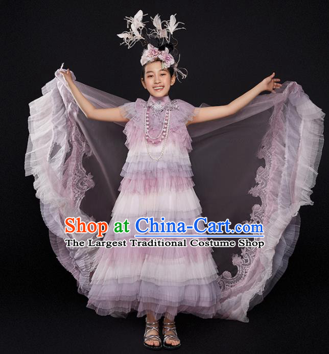 Custom Catwalks Princess Full Dress Children Birthday Garment Compere Fashion Clothing Girl Stage Show Lilac Veil Dress