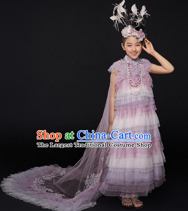 Custom Catwalks Princess Full Dress Children Birthday Garment Compere Fashion Clothing Girl Stage Show Lilac Veil Dress