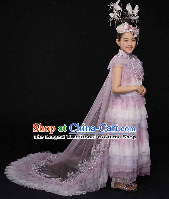 Custom Catwalks Princess Full Dress Children Birthday Garment Compere Fashion Clothing Girl Stage Show Lilac Veil Dress