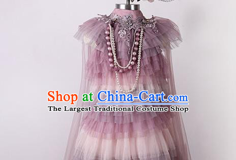Custom Catwalks Princess Full Dress Children Birthday Garment Compere Fashion Clothing Girl Stage Show Lilac Veil Dress