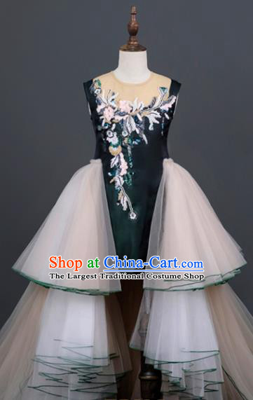 Custom Flowers Fairy Clothing Kid Stage Performance Veil Trailing Dress Children Catwalks Garment Girl Deep Green Full Dress