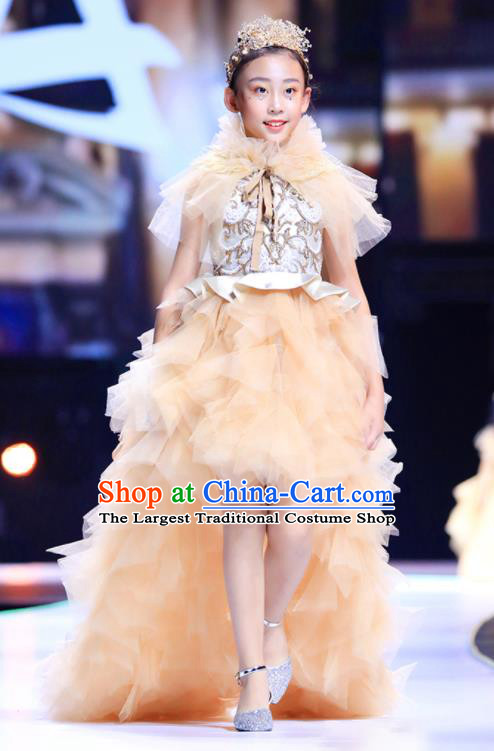 Custom Girl Champagne Full Dress Flowers Fairy Clothing Kid Stage Performance Trailing Veil Dress Children Catwalks Garment