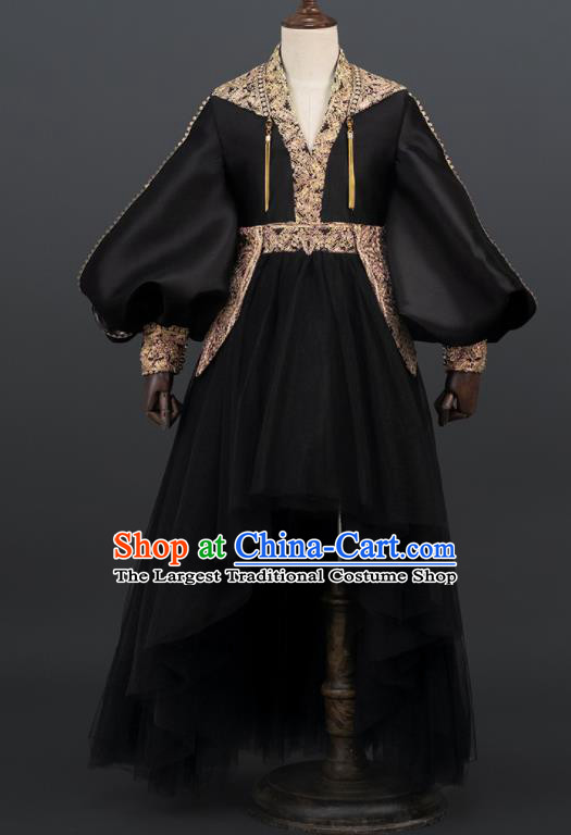 Professional Stage Show Black Full Dress Girl Dance Clothing Baroque Princess Garment Children Catwalks Fashion Costume