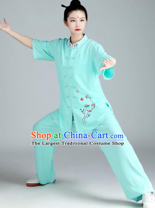 Chinese Tai Chi Clothing Kung Fu Green Flax Uniforms Wushu Competition Garment Costumes Martial Arts Embroidered Plum Clothing