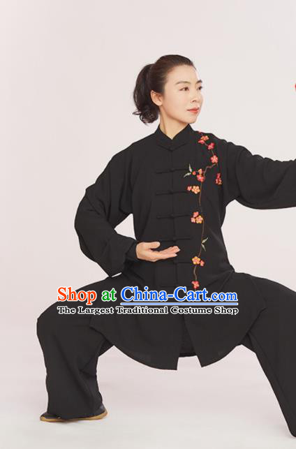 Professional Chinese Wushu Performance Embroidered Plum Blossom Uniforms Tai Chi Competition Black Suits Martial Arts Kung Fu Training Clothing