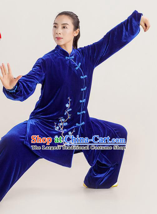 Professional Chinese Martial Arts Clothing Kung Fu Garments Wushu Performance Embroidered Uniforms Tai Chi Competition Royalblue Pleuche Suits