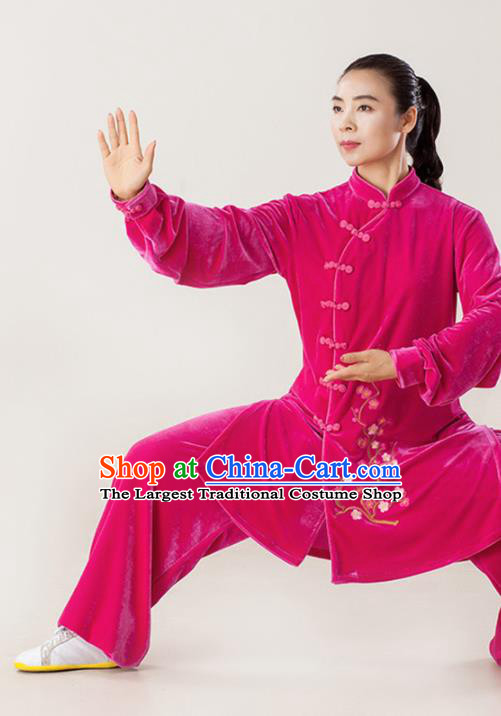 Professional Chinese Kung Fu Garments Wushu Performance Embroidered Uniforms Tai Chi Competition Rosy Pleuche Suits Martial Arts Clothing