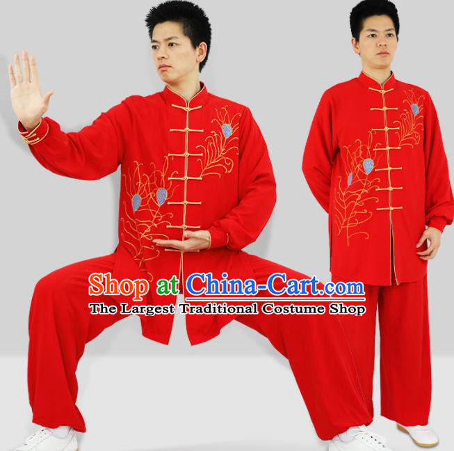 Chinese Adults Kung Fu Show Clothing Martial Arts Garment Costumes Tai Chi Competition Red Uniforms