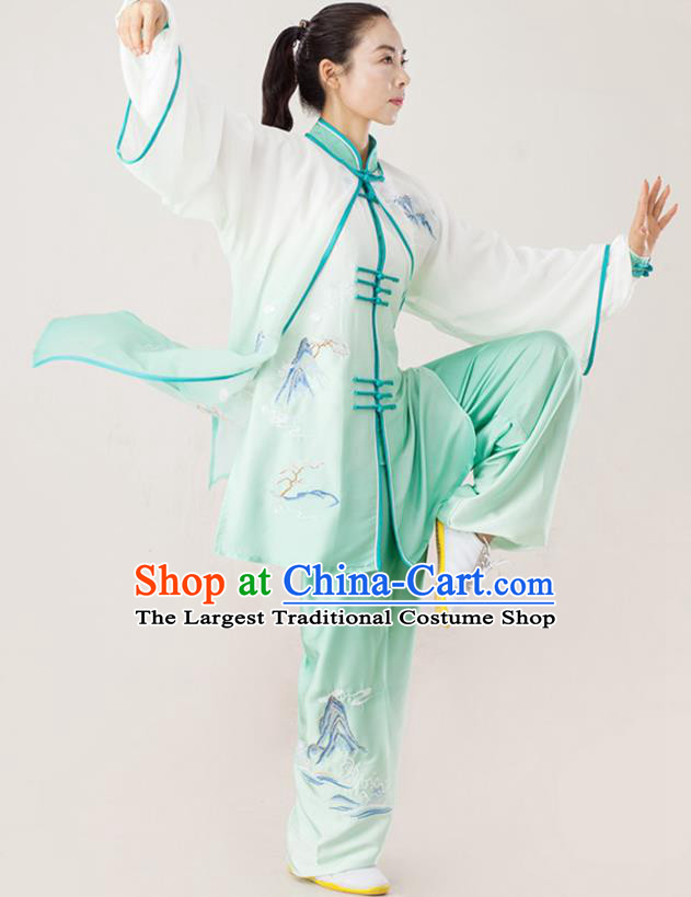 Professional Chinese Wushu Performance Embroidered Light Green Uniforms Tai Chi Competition Three Pieces Suits Martial Arts Clothing Kung Fu Costumes