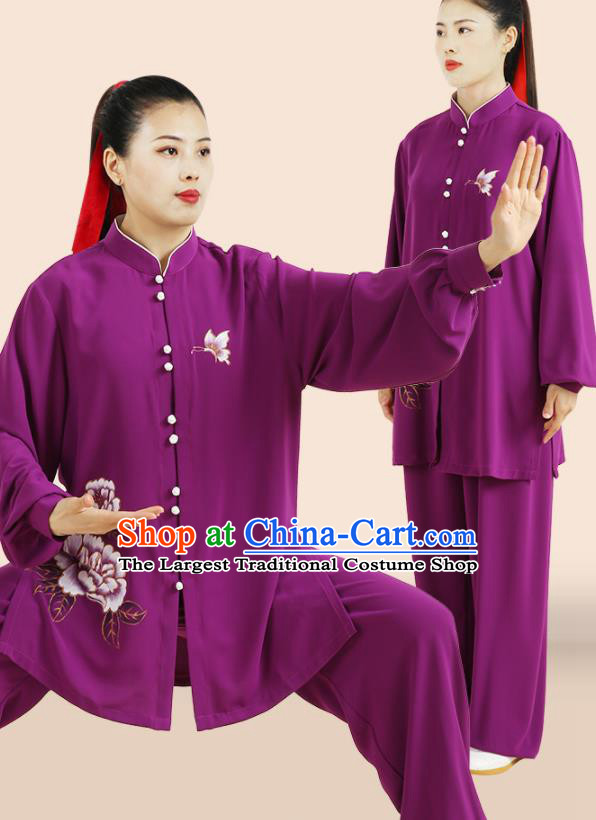 Professional Chinese Martial Arts Clothing Kung Fu Tai Chi Costumes Wushu Hand Painting Peony Purple Uniforms Tai Ji Competition Suits