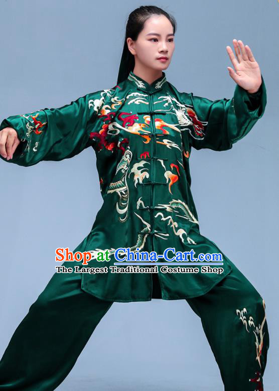 Chinese Tai Ji Competition Costumes Tai Chi Training Uniforms Kung Fu Deep Green Silk Outfits Martial Arts Embroidered Clothing