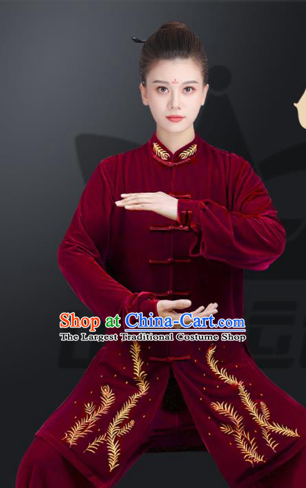 Chinese Martial Arts Clothing Kung Fu Costumes Tai Chi Training Uniforms Wushu Competition Wine Red Pleuche Outfits