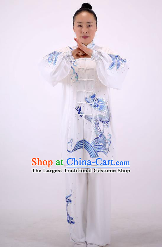 China Tai Chi Performance White Uniforms Wushu Group Competition Clothing Martial Arts Embroidered Sequins Dragon Outfits Kung Fu Tai Ji Costumes