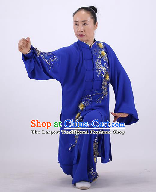 China Tai Chi Royalblue Uniforms Wushu Group Competition Clothing Martial Arts Outfits Kung Fu Embroidered Costumes