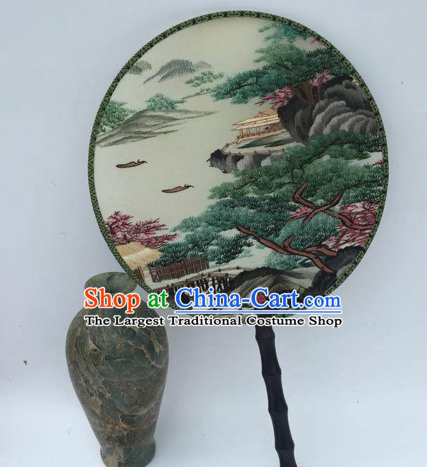 China Traditional Cheongsam Round Fan Handmade Craft Fans Vintage Silk Fan Embroidery Landscape Palace Fan