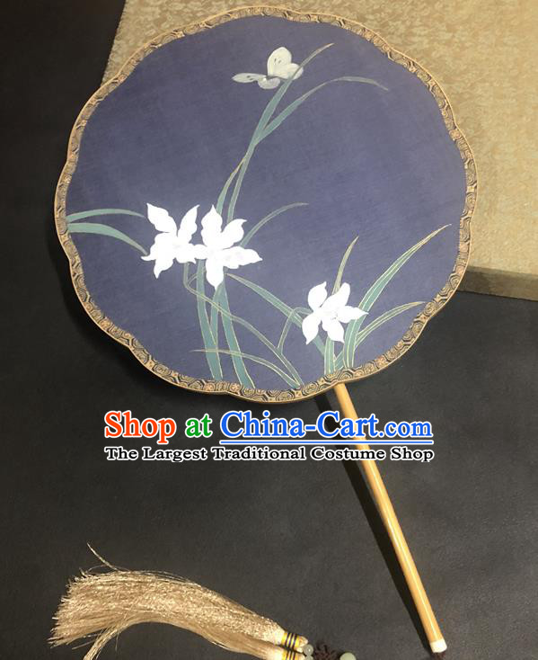 China Ancient Hanfu Fans Traditional Ming Dynasty Navy Silk Fan Vintage Palace Fan Handmade Painting Orchids Fan