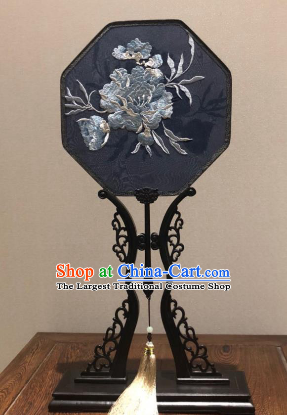 China Traditional Navy Silk Octagon Fan Vintage Embroidered Peony Palace Fan Handmade Hanfu Fan Ancient Princess Fans