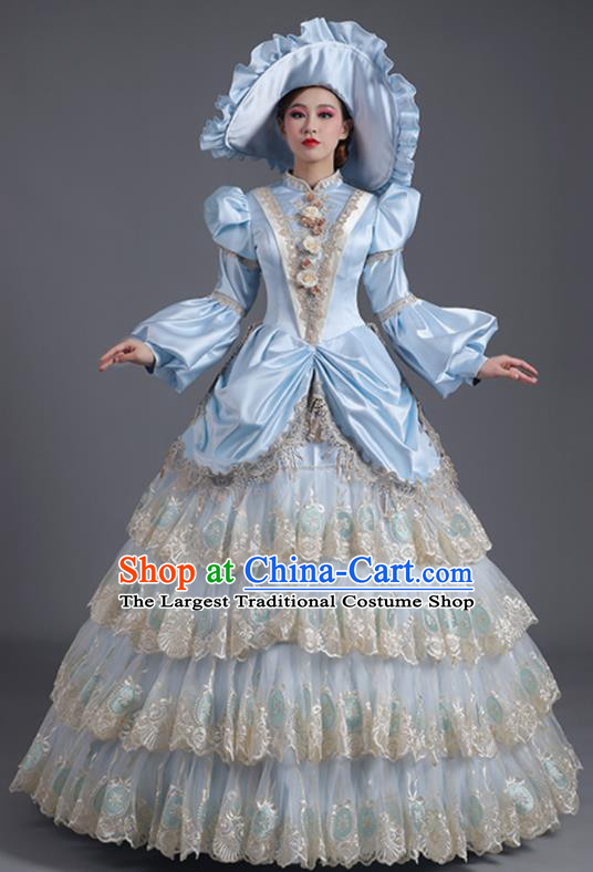 Custom Western Style Court Clothes Europe Vintage Garment Costume Stage Performance Fashion European Countess Blue Full Dress