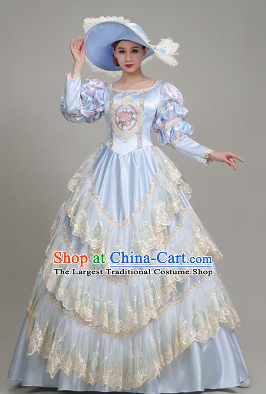 Custom European Royal Princess Clothing Western Stage Blue Full Dress Europe Vintage Garment Costume Drama Performance Fashion