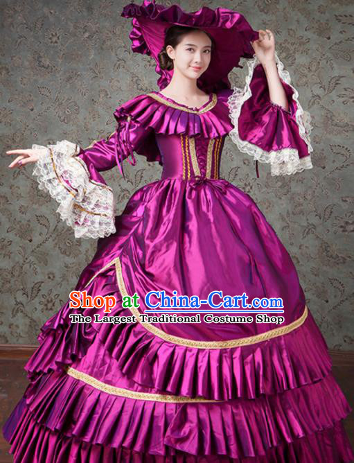 Custom Europe Duchess Clothing Catwalks Purple Satin Full Dress European Medieval Vintage Dress Western Stage Opera Fashion