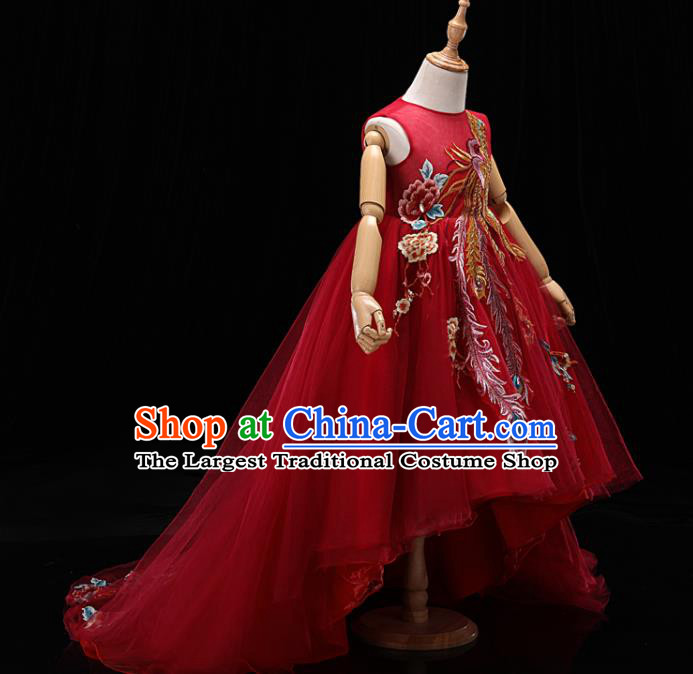 Chinese Style Red Veil Dress Girl Stage Performance Embroidered Phoenix Clothing Children Dance Costume