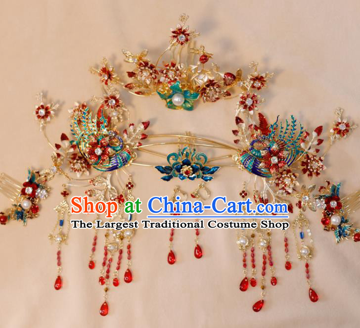 Chinese Classical Wedding Hair Accessories Xiuhe Suits Headpieces Handmade Headdress Ancient Bride Blueing Phoenix Hairpins and Hair Comb