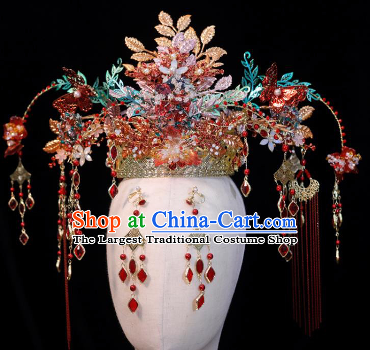 Chinese Wedding Hair Accessories Classical Phoenix Coronet Handmade Xiuhe Suits Headdress Ancient Bride Red Butterfly Hair Crown