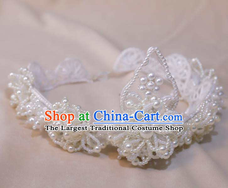 Top Grade Bride Pearls Headpiece Lace Royal Crown Princess Hair Accessories Handmade Wedding Hair Clasp