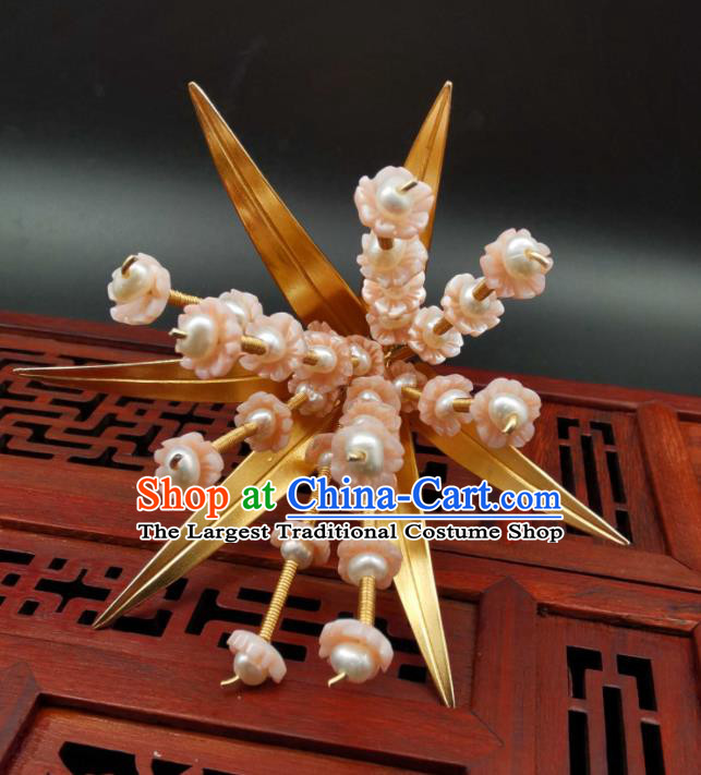 China Classical Cheongsam Headpiece Handmade Hair Accessories Traditional Hanfu Golden Bamboo Hairpin Ancient Princess Pearls Hair Stick