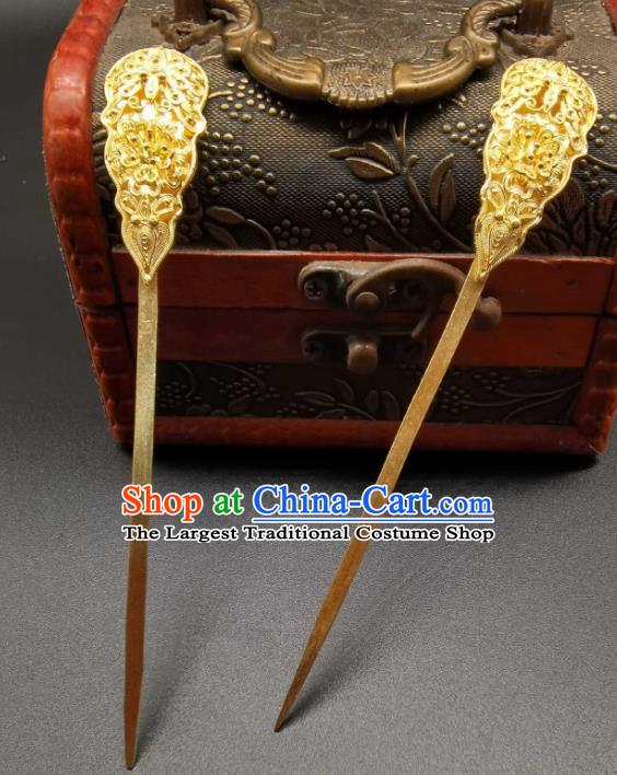 Chinese Handmade Tang Dynasty Headpiece Traditional Wedding Hair Accessories Ancient Empress Golden Hairpin Classical Gilding Hair Stick