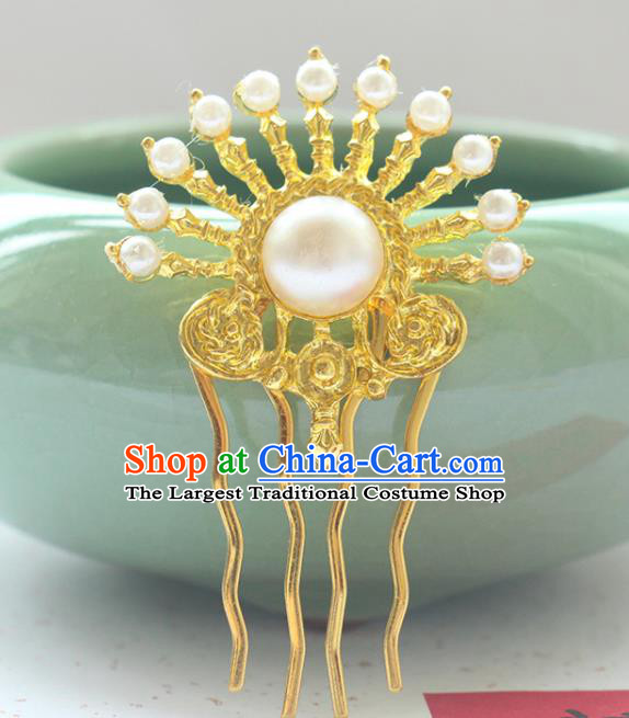 Chinese Traditional Hanfu Hair Accessories Ancient Princess Golden Hairpin Classical Wedding Hair Comb Handmade Tang Dynasty Headpiece