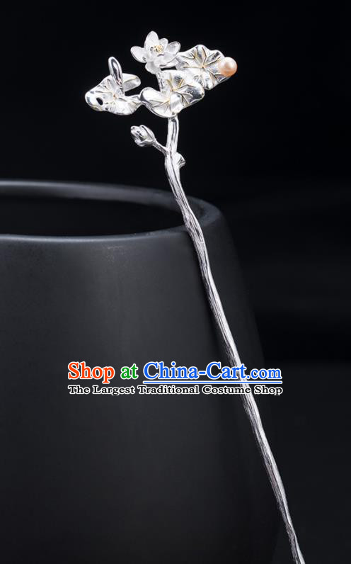 Chinese Handmade Silver Lotus Hairpin Classical Pearl Hair Stick Cheongsam Headpiece Traditional Hair Accessories