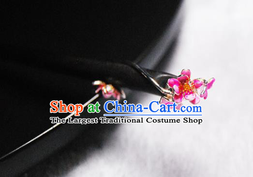 Chinese Classical Ebony Hair Stick Cheongsam Headpiece Traditional Hair Accessories Handmade Enamel Red Lotus Hairpin