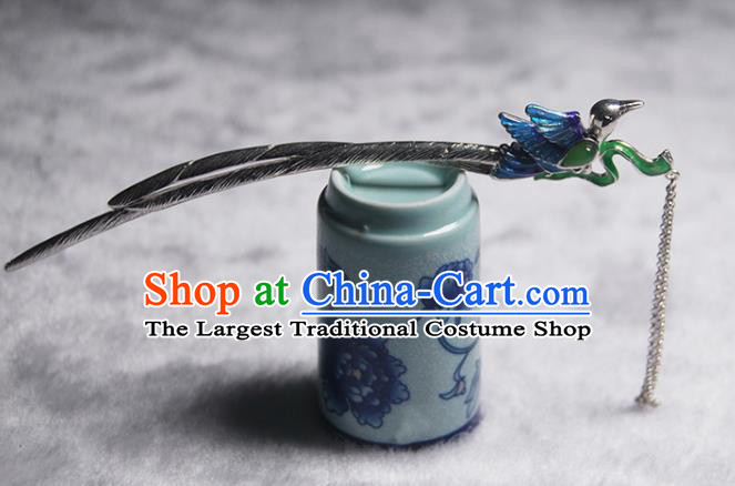 Chinese Handmade Cloisonne Silver Hairpin Traditional Hair Accessories Classical Jade Tassel Hair Stick Cheongsam Headpiece