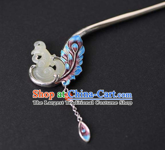 Chinese Cheongsam Headpiece Handmade Jade Phoenix Hairpin Traditional Hair Accessories Classical Cloisonne Silver Hair Stick