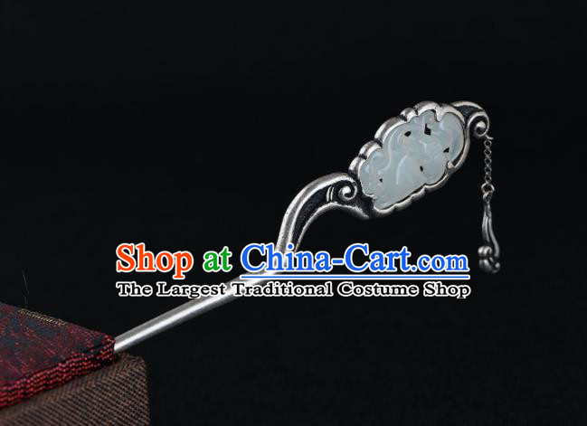 Chinese Classical Silver Tassel Hair Stick Cheongsam Headpiece Handmade Hetian Jade Hairpin Traditional Hair Accessories