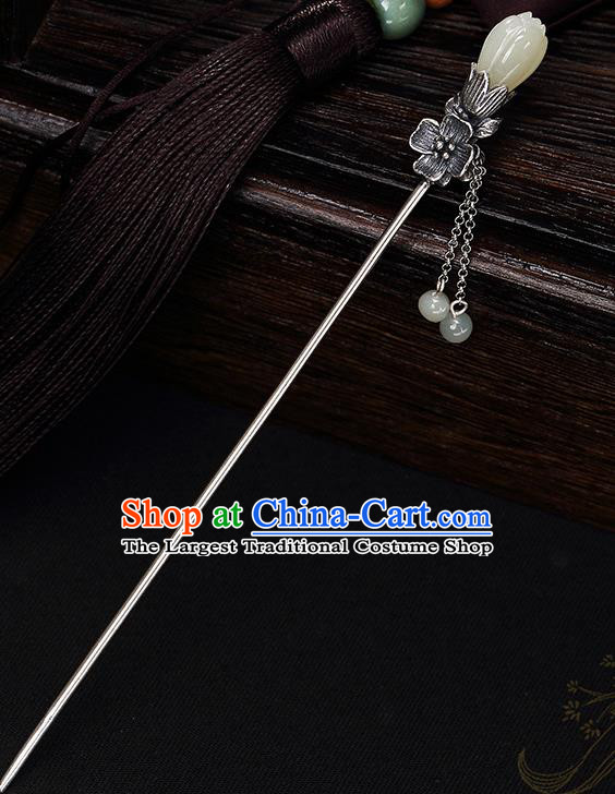 Chinese Traditional Hair Jewelry Classical Jade Mangnolia Hair Stick Cheongsam Accessories Headpiece Handmade Silver Tassel Hairpin