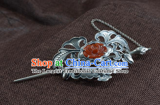 Chinese Cheongsam Headpieces Handmade Silver Hairpin Traditional Hair Accessories Classical Agate Peony Hair Crown