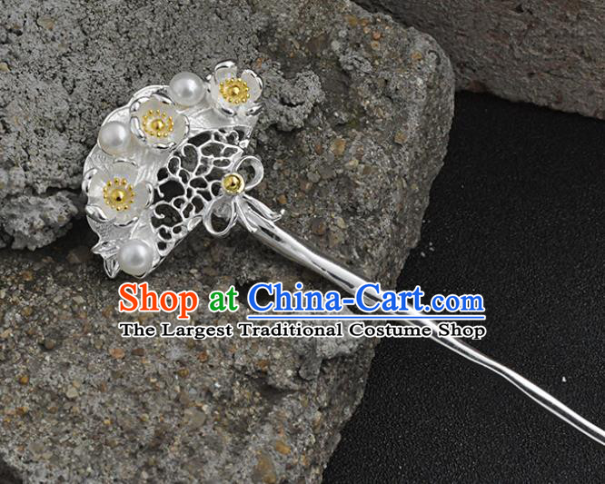Chinese Traditional Hair Jewelry Classical Pearls Hair Stick Cheongsam Headpiece Handmade Silver Plum Hairpin
