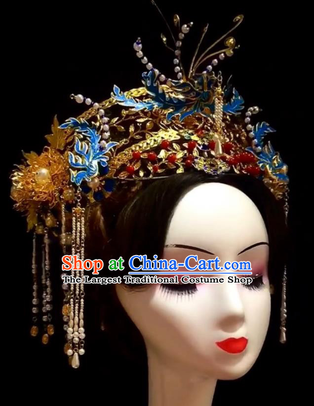 Top China Wedding Headdress Stage Show Cloisonne Hair Crown Ancient Imperial Concubine Deluxe Phoenix Coronet Catwalks Hair Accessories