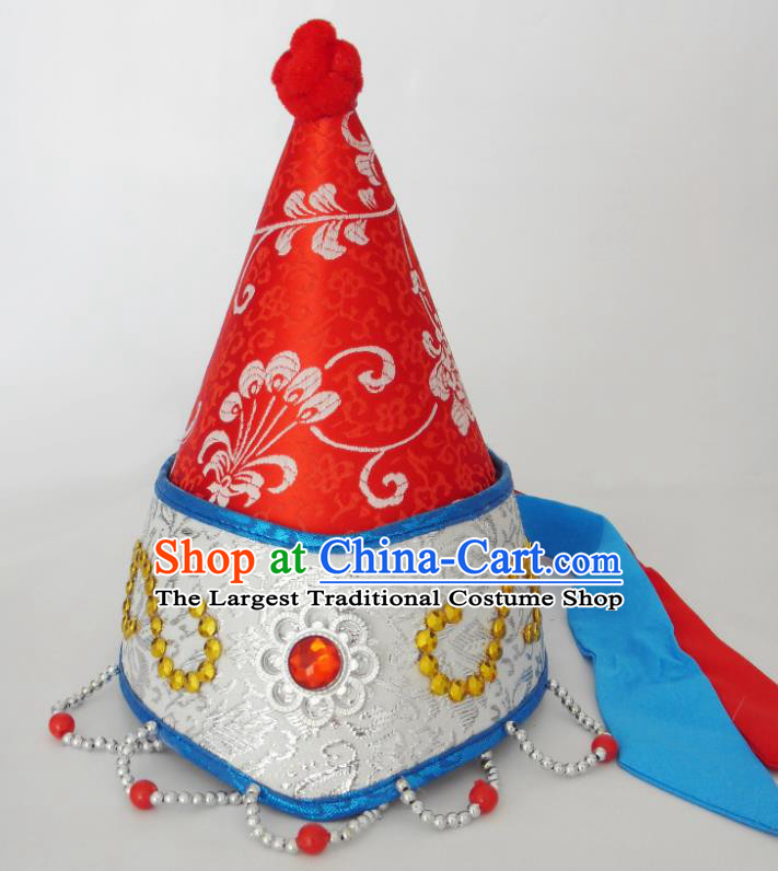 Chinese Ethnic Performance Headdress Mongolian Minority Children Headwear Mongol Nationality Girl Dance Red Hat